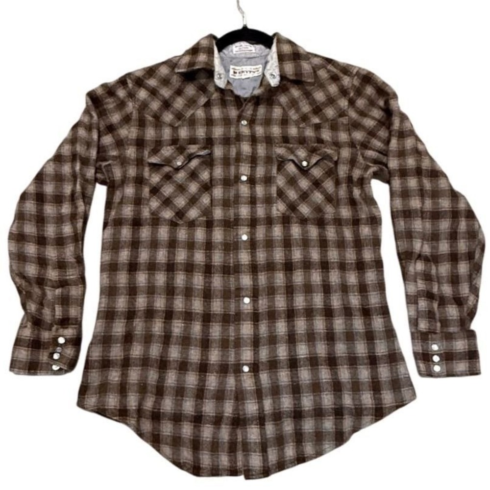 Vintage Mervyn's Men Wool Blend Western Pearl Snap Flannel Shirt Brown Plaid Med